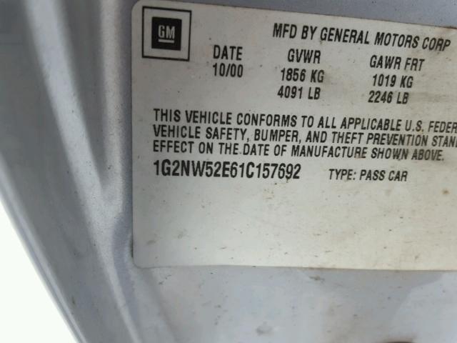 1G2NW52E61C157692 - 2001 PONTIAC GRAND AM G SILVER photo 10