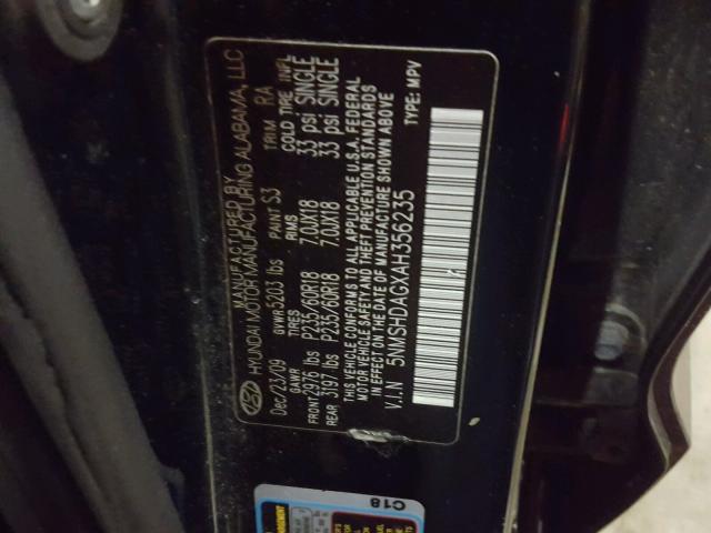 5NMSHDAGXAH356235 - 2010 HYUNDAI SANTA FE S BLACK photo 10