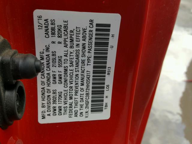 2HGFC3B72HH354317 - 2017 HONDA CIVIC EXL RED photo 10