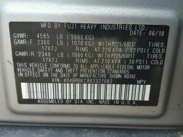 4S4BRBKC8B3327082 - 2011 SUBARU OUTBACK 2. SILVER photo 10