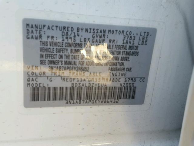 3N1AB7AP0EY286452 - 2014 NISSAN SENTRA S WHITE photo 10