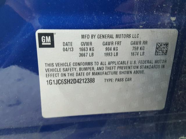 1G1JC6SH2D4212388 - 2013 CHEVROLET SONIC LT BLUE photo 10