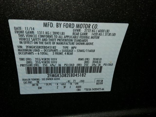 2FMGK5D82EBD45182 - 2014 FORD FLEX LIMIT GRAY photo 10