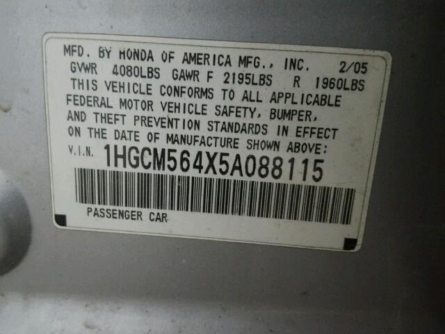 1HGCM564X5A088115 - 2005 HONDA ACCORD LX SILVER photo 10