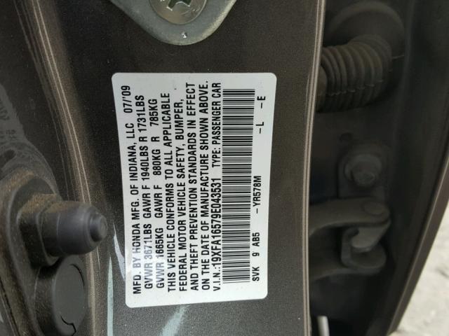 19XFA16579E043531 - 2009 HONDA CIVIC LX CHARCOAL photo 10