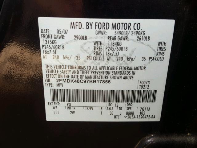 2FMDK48C97BB17856 - 2007 FORD EDGE SEL PURPLE photo 10