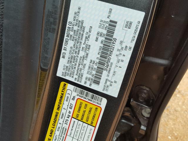 3FA6P0H79HR321950 - 2017 FORD FUSION SE GRAY photo 10