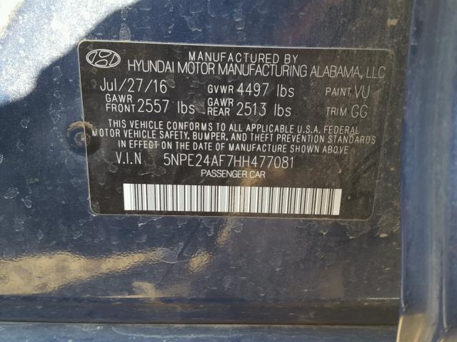 5NPE24AF7HH477081 - 2017 HYUNDAI SONATA SE BLUE photo 10