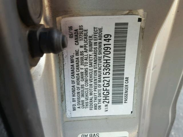 2HGFG21536H709149 - 2006 HONDA CIVIC SI SILVER photo 10