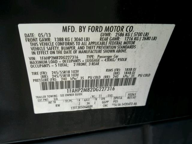 1FAHP2M82DG227316 - 2013 FORD TAURUS POL BLACK photo 10