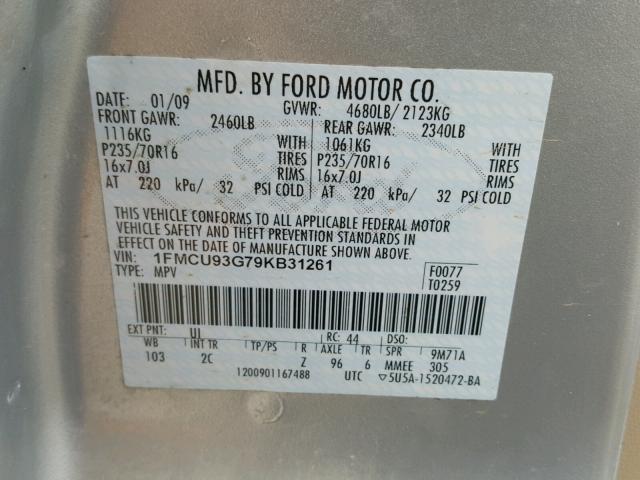 1FMCU93G79KB31261 - 2009 FORD ESCAPE XLT SILVER photo 10