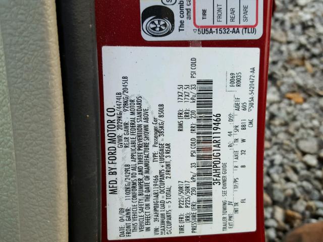 3FAHP0JG1AR119466 - 2010 FORD FUSION SEL BURGUNDY photo 10