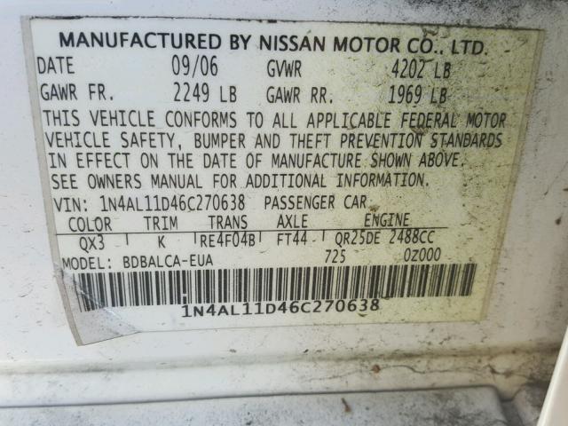 1N4AL11D46C270638 - 2006 NISSAN ALTIMA S WHITE photo 10