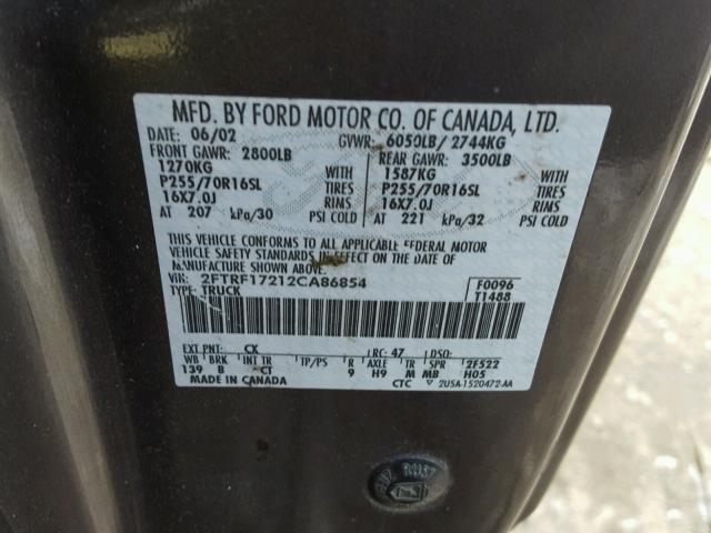 2FTRF17212CA86854 - 2002 FORD F150 GRAY photo 10