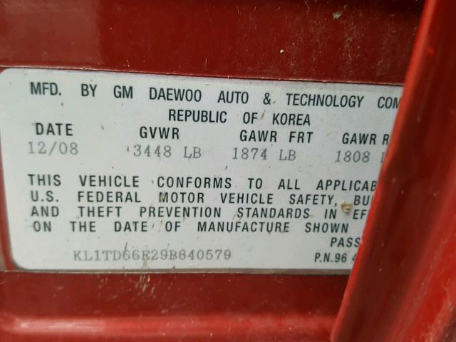 KL1TD66E29B640579 - 2009 CHEVROLET AVEO LS RED photo 10