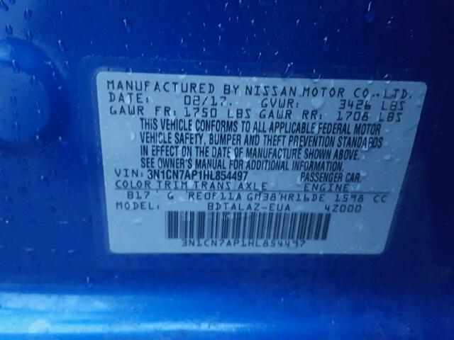 3N1CN7AP1HL854497 - 2017 NISSAN VERSA S BLUE photo 10