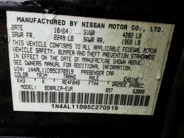 1N4AL11D95C270519 - 2005 NISSAN ALTIMA S BLACK photo 10