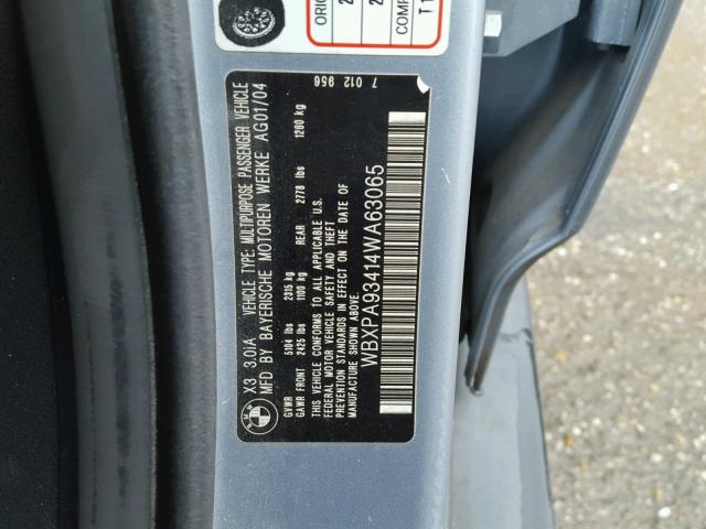 WBXPA93414WA63065 - 2004 BMW X3 3.0I BLUE photo 10