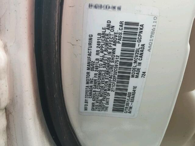 2T1CF22P32C597512 - 2002 TOYOTA CAMRY SOLA WHITE photo 10