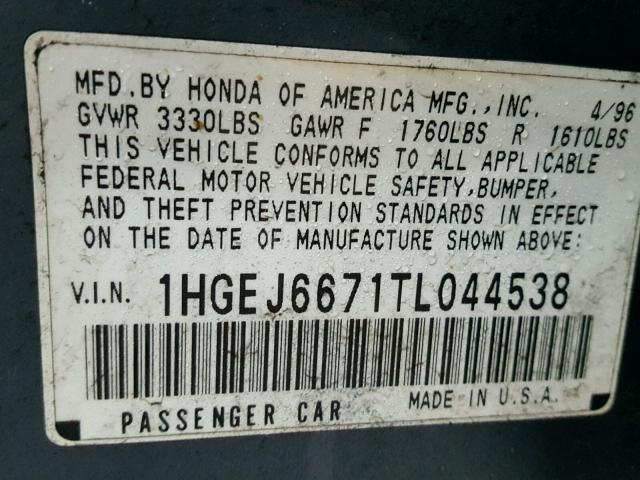 1HGEJ6671TL044538 - 1996 HONDA CIVIC LX BLUE photo 10