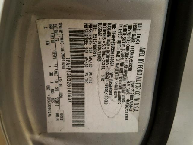 1FAFP53U22G141637 - 2002 FORD TAURUS SE SILVER photo 10