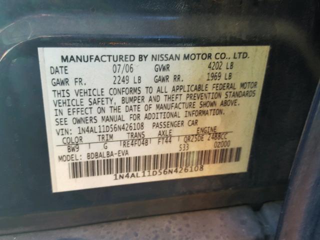 1N4AL11D56N426108 - 2006 NISSAN ALTIMA S BLUE photo 10