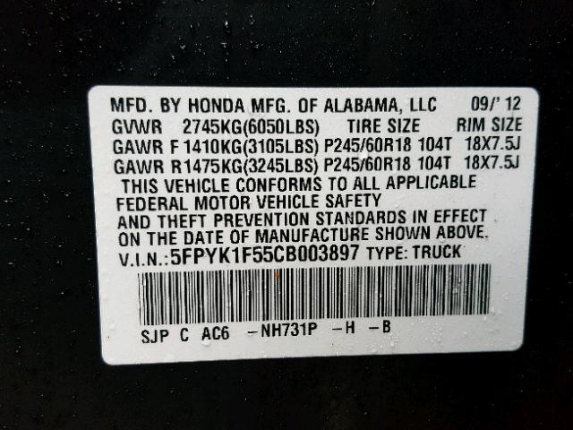 5FPYK1F55CB003897 - 2012 HONDA RIDGELINE BLACK photo 10