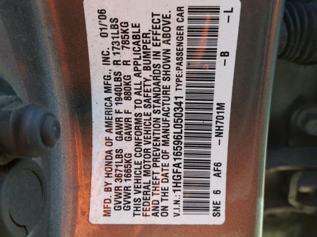 1HGFA16596L050341 - 2006 HONDA CIVIC LX GOLD photo 10