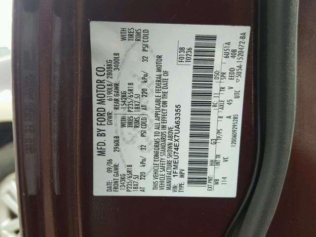 1FMEU74EX7UA63355 - 2007 FORD EXPLORER E MAROON photo 10