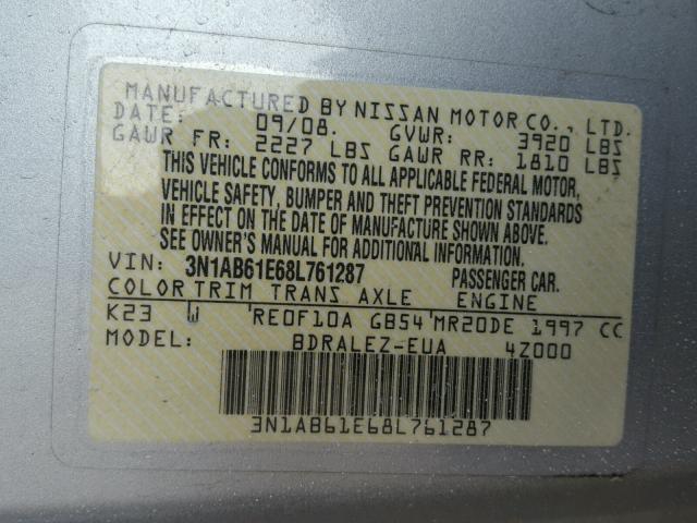 3N1AB61E68L761287 - 2008 NISSAN SENTRA 2.0 SILVER photo 10