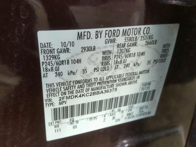 2FMDK4KC2BBA36375 - 2011 FORD EDGE LIMIT MAROON photo 10