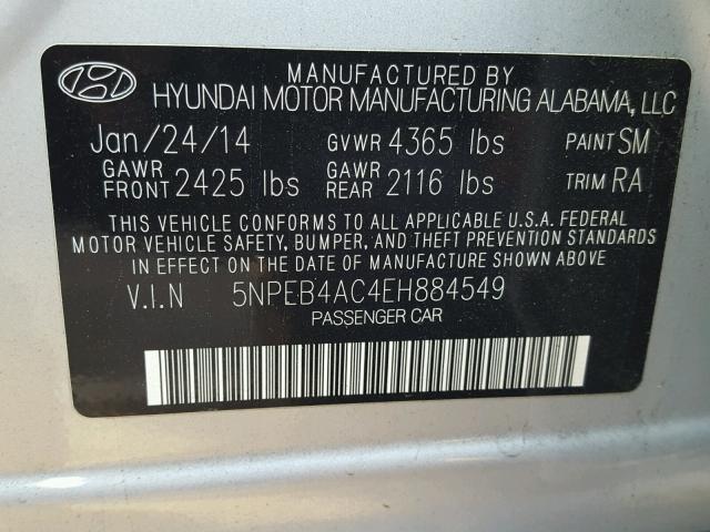 5NPEB4AC4EH884549 - 2014 HYUNDAI SONATA GLS SILVER photo 10