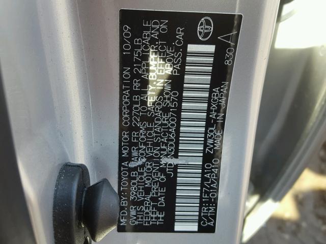 JTDKN3DU6A0071570 - 2010 TOYOTA PRIUS SILVER photo 10