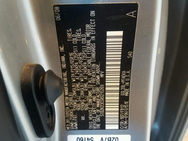 5TDZK23C58S215269 - 2008 TOYOTA SIENNA CE SILVER photo 10