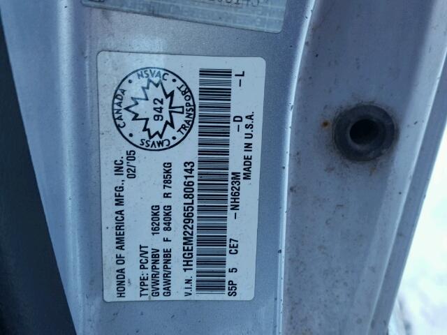 1HGEM22965L806143 - 2005 HONDA CIVIC EX ვერცხლისფერი ფოტო 10