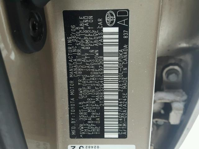 2T1BR32E46C697308 - 2006 TOYOTA COROLLA CE TAN photo 10