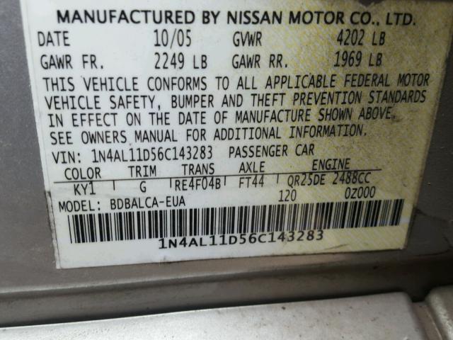 1N4AL11D56C143283 - 2006 NISSAN ALTIMA S SILVER photo 10