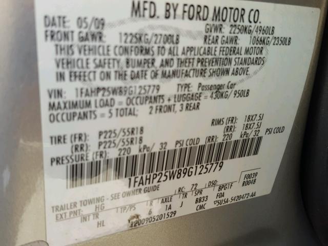 1FAHP25W89G125779 - 2009 FORD TAURUS LIM GOLD photo 10