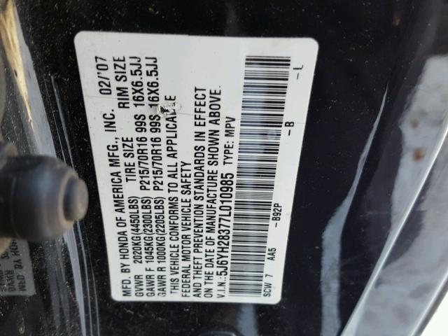 5J6YH28377L010985 - 2007 HONDA ELEMENT LX BLACK photo 10