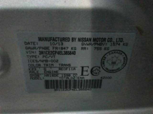 3N1CE2CP4EL385840 - 2014 NISSAN VERSA NOTE SILVER photo 10