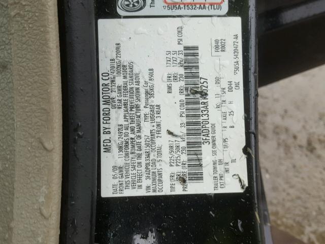 3FADP0L33AR150257 - 2010 FORD FUSION HYB BLACK photo 10