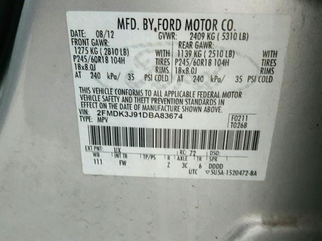 2FMDK3J91DBA83674 - 2013 FORD EDGE SEL SILVER photo 10