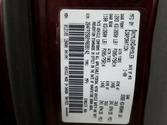 2B4FP25B2YR699142 - 2000 DODGE CARAVAN MAROON photo 10