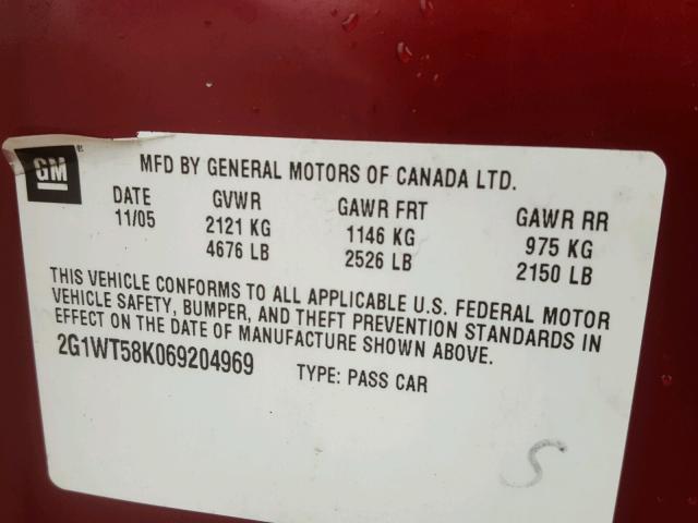 2G1WT58K069204969 - 2006 CHEVROLET IMPALA LT MAROON photo 10