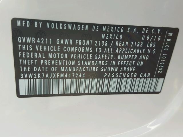 3VW2K7AJXFM417244 - 2015 VOLKSWAGEN JETTA BASE 白色 照片 10