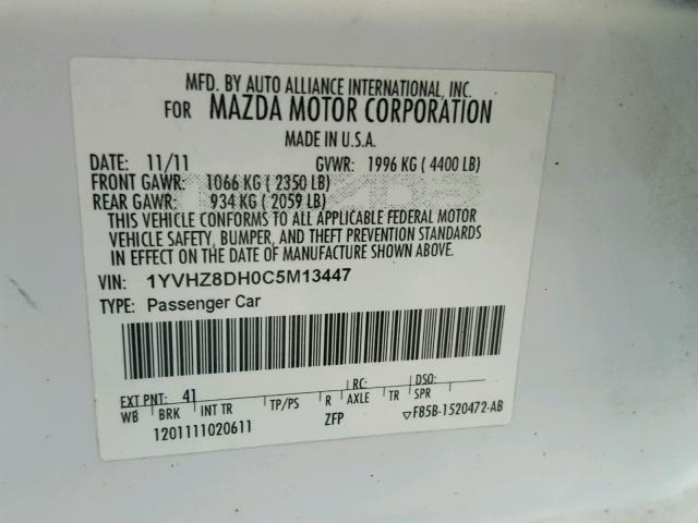 1YVHZ8DH0C5M13447 - 2012 MAZDA 6 I WHITE photo 10