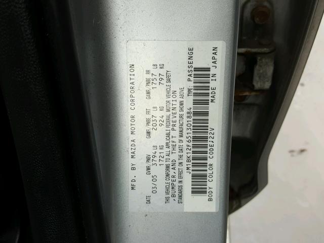 JM1BK12F651301884 - 2005 MAZDA 3 I SILVER photo 10