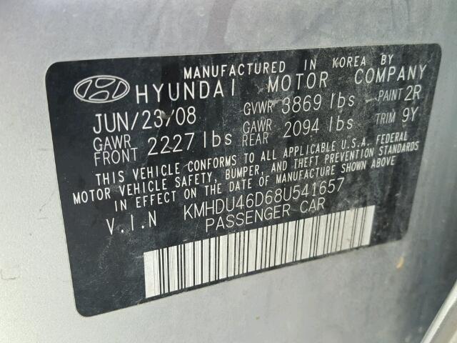 KMHDU46D68U541657 - 2008 HYUNDAI ELANTRA GL SILVER photo 10