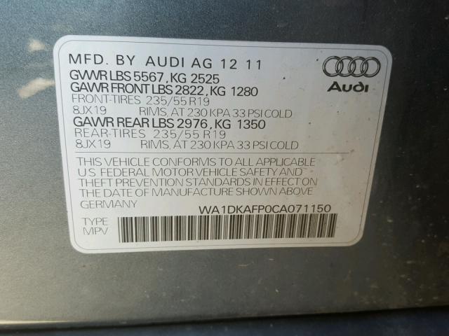 WA1DKAFP0CA071150 - 2012 AUDI Q5 PREMIUM GRAY photo 10