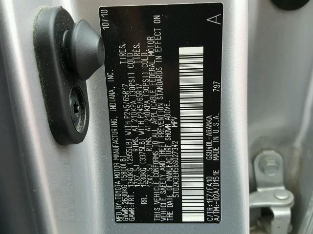 5TDZK3EH5BS027342 - 2011 TOYOTA HIGHLANDER SILVER photo 10